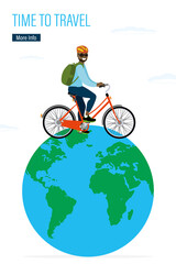 Time to travel. African american tourist drive bicycle. Worldwide, global travel. Happy man with backpack rides bike. Freedom, concept. World tourism. Transportation banner.