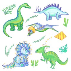 Funny cartoon dinosaurs collection. Gouache illustration, with transparent background