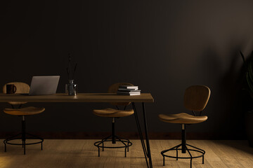 Modern dark hipster co-working space or meeting room with dark wood table - obrazy, fototapety, plakaty