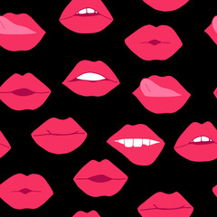 lips with pink lipstick seamless pattern. mouth vector illustration hand drawn in cartoon style.