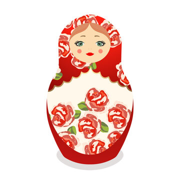 Russian Matryoshka. Traditional Russian folklore dolls with big eyes and lips. Babushka doll with hohloma, traditional painted floral pattern. Hand drawn vector illustration
