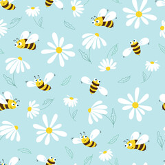 Daisy and bee seamless pattern. Flowers and cartoon bees on a blue background. Vector