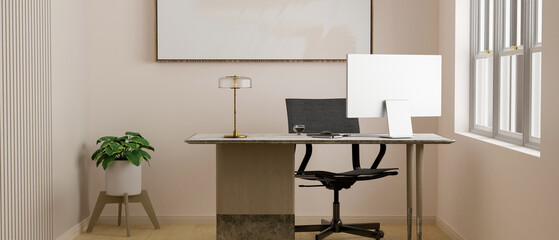 Modern minimal bright office workspace in private office room with pc computer