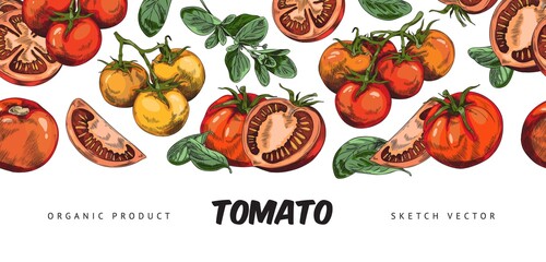 Endless background with red and yellow tomatoes hand drawn vector illustration.
