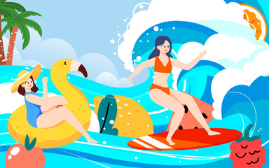 People surfing on the beach in summer with various fruits and waves in the background, vector illustration