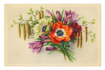 Germany - CIRCA 1940: An old postcard printed in Germany around 1940, which depicts spring flowers and birch branches.