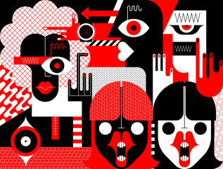 Group of emotional adults quarrel and arguing. Red, black and white colors vector illustration of large group of people. Modern digital painting, graffiti sketch. 
