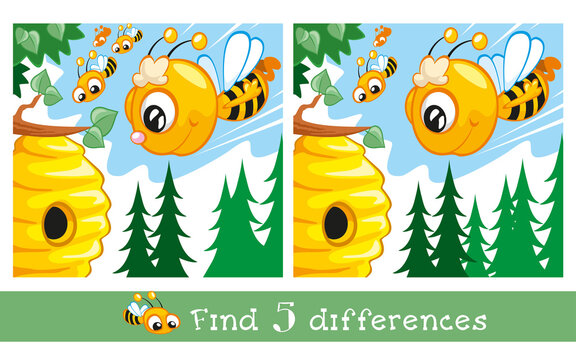 Swarm of cute bees fly into hive. Bee character in cartoon style on summer background. Vector full color illustration.