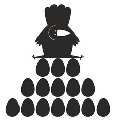 Chicken sits on the eggs illustration. Cartoon chicken sits on the eggs black on white illustration	