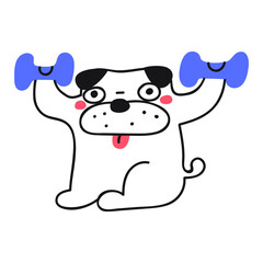 Puppy lifting dumbbells. Vector outline icon illustration on white background.