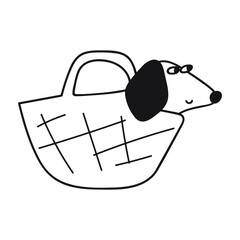 Dachshund in bag. Vector outline icon on white background.