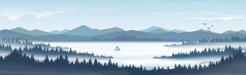 Foto op Plexiglas Landscape vector illustration of mountains and pine forests with mountains and lakes in fog. © Supachai
