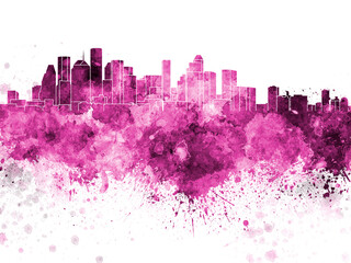 Houston skyline in pink watercolor on white background