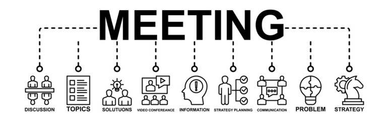 Vector Illustration Of Meeting Banner Web Icon For Business Meeting And Discussion With Communication, Topic, Solution, Plan, Information, problem, Strategy Planning And Video Conferencing Icons