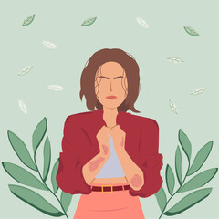 Flat illustration with woman with psoriasis (skin problem) on green background with plants