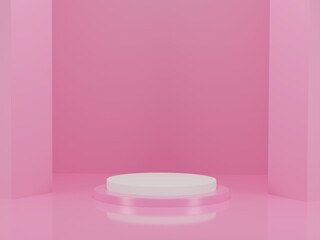 Abstract geometric pink background. A simple pedestal simulates a scene. 3D rendering.

