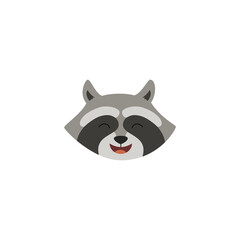 Laughing raccoon cartoon face, cute happy mascot in flat vector illustration