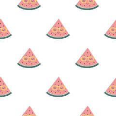 Funny watermelon seamless pattern. Slices of delicious summer fruit with different kawaii emotions in a cute flat cartoon style.