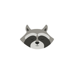 Raccoon muzzle with closed eyes, animal head in flat vector illustration