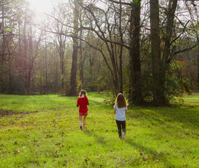children walking through woods