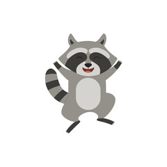 Happy baby raccoon jumping with cheerful face, flat vector illustration isolated.