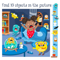 Find 10 hidden objects. Educational game for children. Little girl and funny monsters. Cartoon character. Vector illustration.