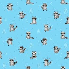 Seamless pattern design with funny raccoon, flat vector illustration on blue.