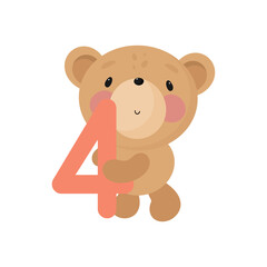 Fototapeta premium Birthday Party, Greeting Card, Party Invitation. Kids illustration with Cute Bear and and the number four. Vector illustration in cartoon style.