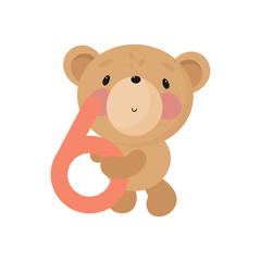 Birthday Party, Greeting Card, Party Invitation. Kids illustration with Cute Bear and and the number six. Vector illustration in cartoon style.