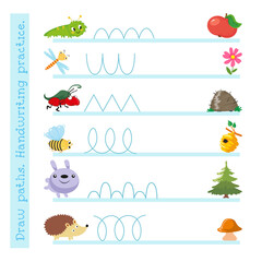 Educational game for children. Draw paths. Handwriting practice. Cute cartoon characters. Vector illustration. 