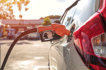 Transportation and ownership concept - man pumping gasoline fuel in car at gas station. hight price during war concept.