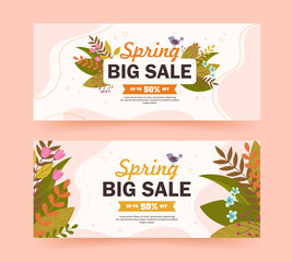 Spring big sale. Discounts up to 50%. Advertising banners with flowers, leaves and plants on the background. Vector illustration in yellow, orange, green shades.