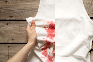 The girl holds in her hands a white dress with red spots and an example with a clean dress without...