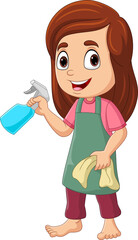 Cartoon little girl holding a spray and rag