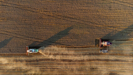 Fototapeta na wymiar The harvesters harvest grain in a wheat field. Wonderful summer rural landscape, view from the drone.
