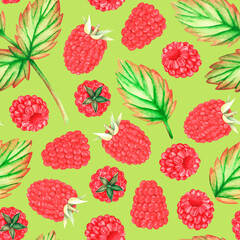 Raspberry seamless pattern. Watercolor illustration. Isolated on a green background. For design.