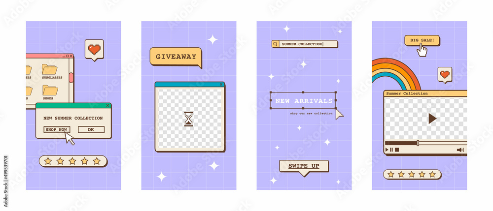 Poster set of linear vaporwave ig post or stories templates for social media. abstract retro 80s 90s aesthe
