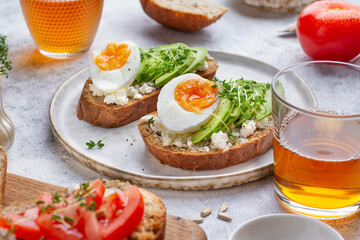 Healthy food, bruschettas and juice on the table
