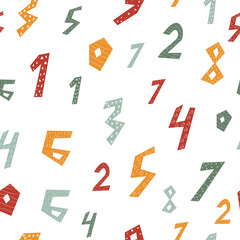 Baby seamless pattern with numbers. Hand drawn funny numbers. Creative kids print in Scandinavian style. Vector design for the decoration of a childish room. Template for a poster, wall stickers.