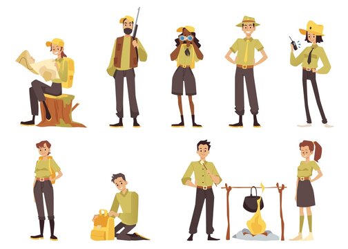 Men and women Park Rangers and Forest Officers, isolated cartoon vector characters. Hunter, black ranger with binoculars