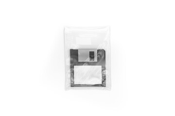 Floppy disk in a plastic bag mockup isolated on white background.3d rendering.