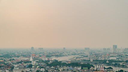 Bangkok city buildings cityscape, high buildings panorama downtown of Bangkok City Thailand in cloudy day and PM2.5 concept over the city