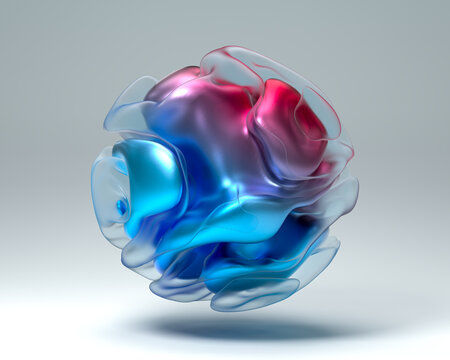 3D render of aesthetic abstract art sphere ball of alien flowy shapes in spherical wavy curves and twists in metallic transparent shiny matte material in red purple violet color with blue glow