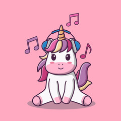 Cute cartoon unicorn with headphone, vector cartoon illustration, cartoon clipart