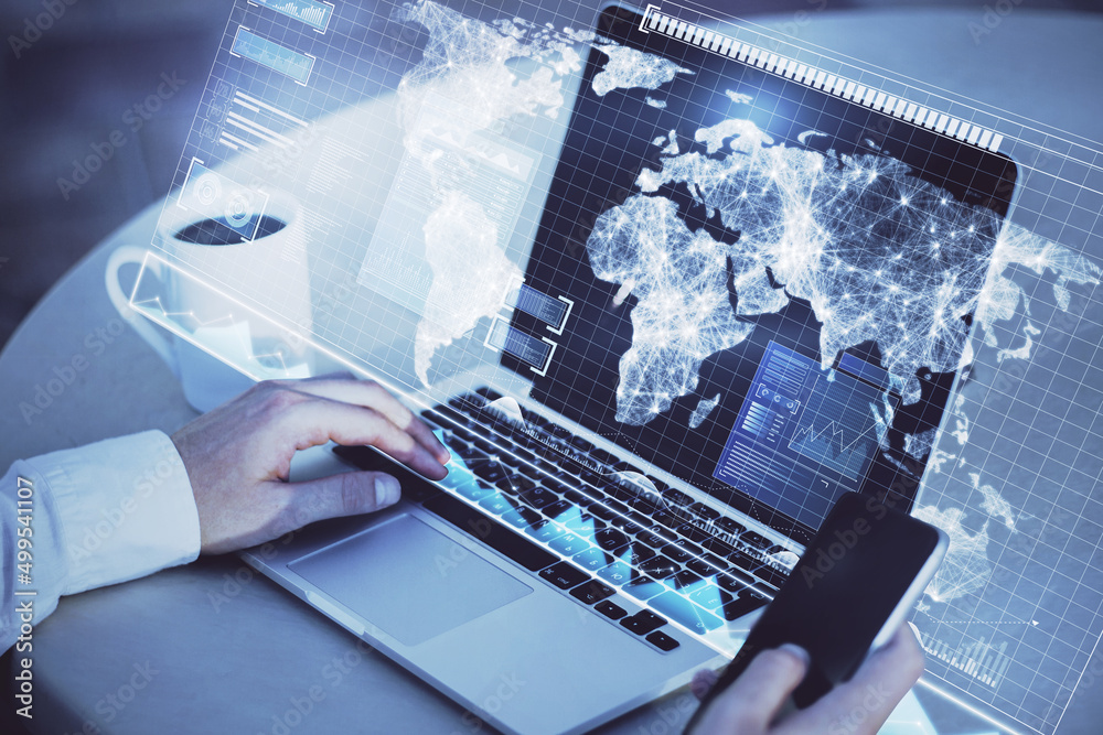 Poster Close up of hand using laptop and smartphone with abstract radar map interface on blurry background. Spy and cyber terrorism concept. Double exposure.