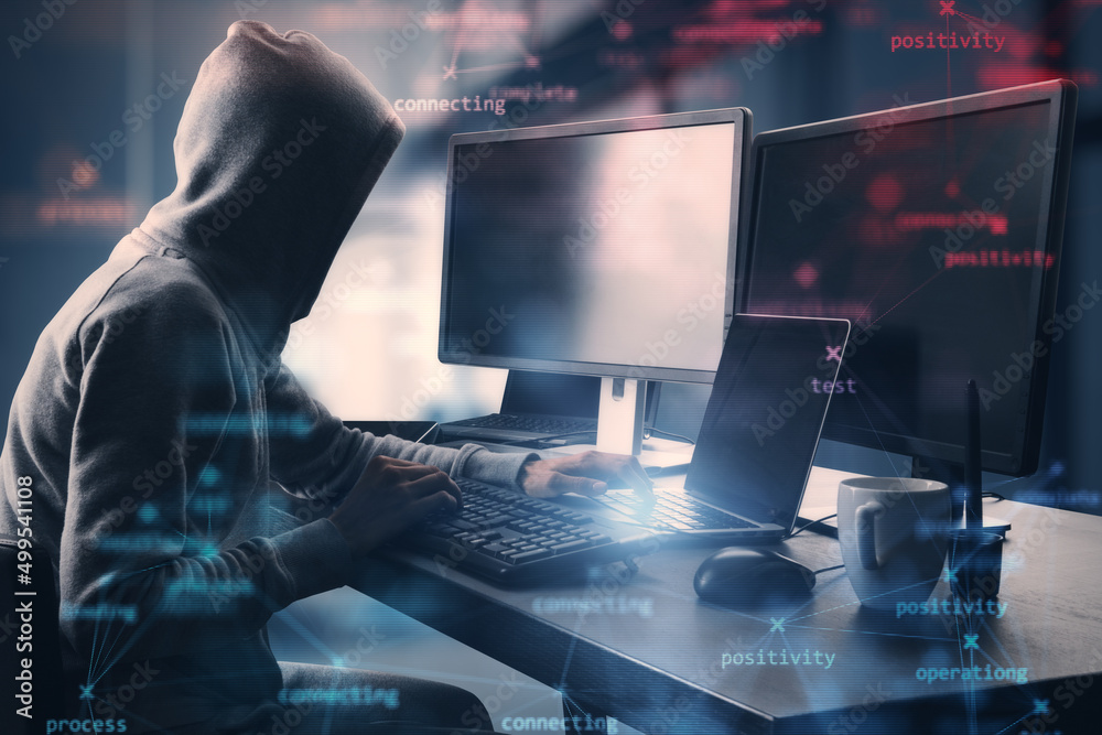 Aufkleber Side view of hacker at desktop using computers with creative process stages mesh on blurry office interior background. Hacking, system and software concept. Double exposure.