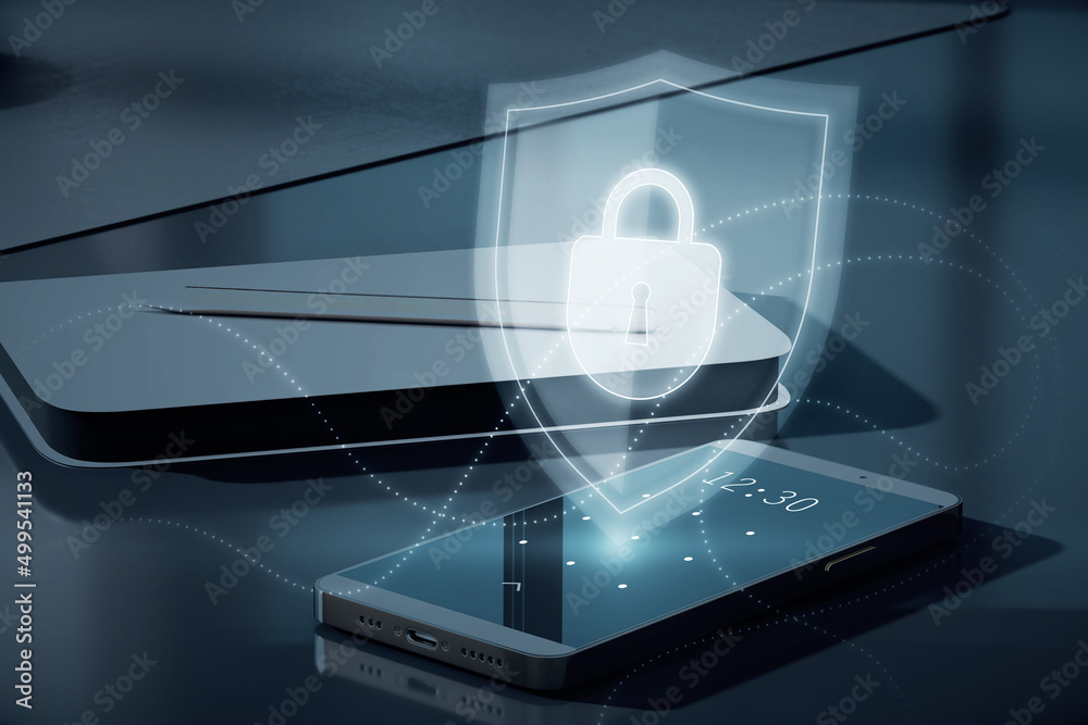 Poster close up of cellphone with creative padlock interface on blurry background. password and security co