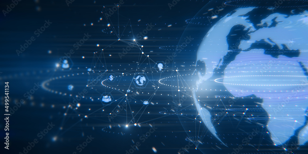 Leinwandbilder creative bright globe interface with various business icons and connections on blurry wallpaper with