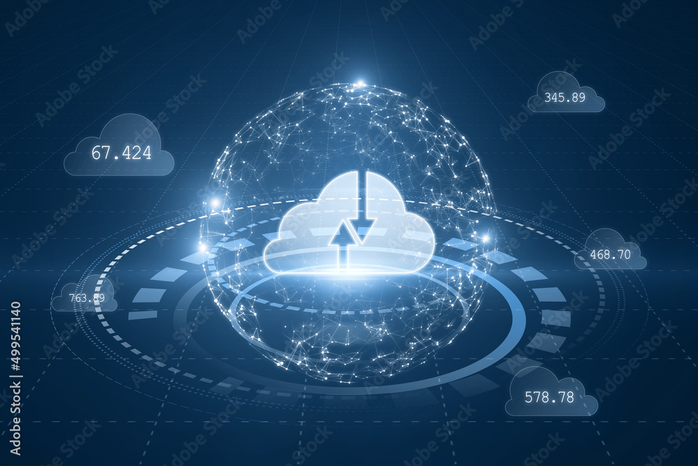 Poster Creative polygonal digital cloud background. Cloud computing, wireframe 3d rendering network line concept.