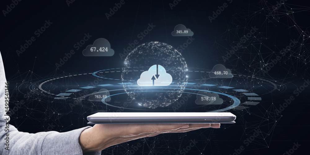 Poster Close up of hand holding tablet with creative polygonal digital cloud on blurry background. Cloud computing, wireframe network concept. Double exposure.